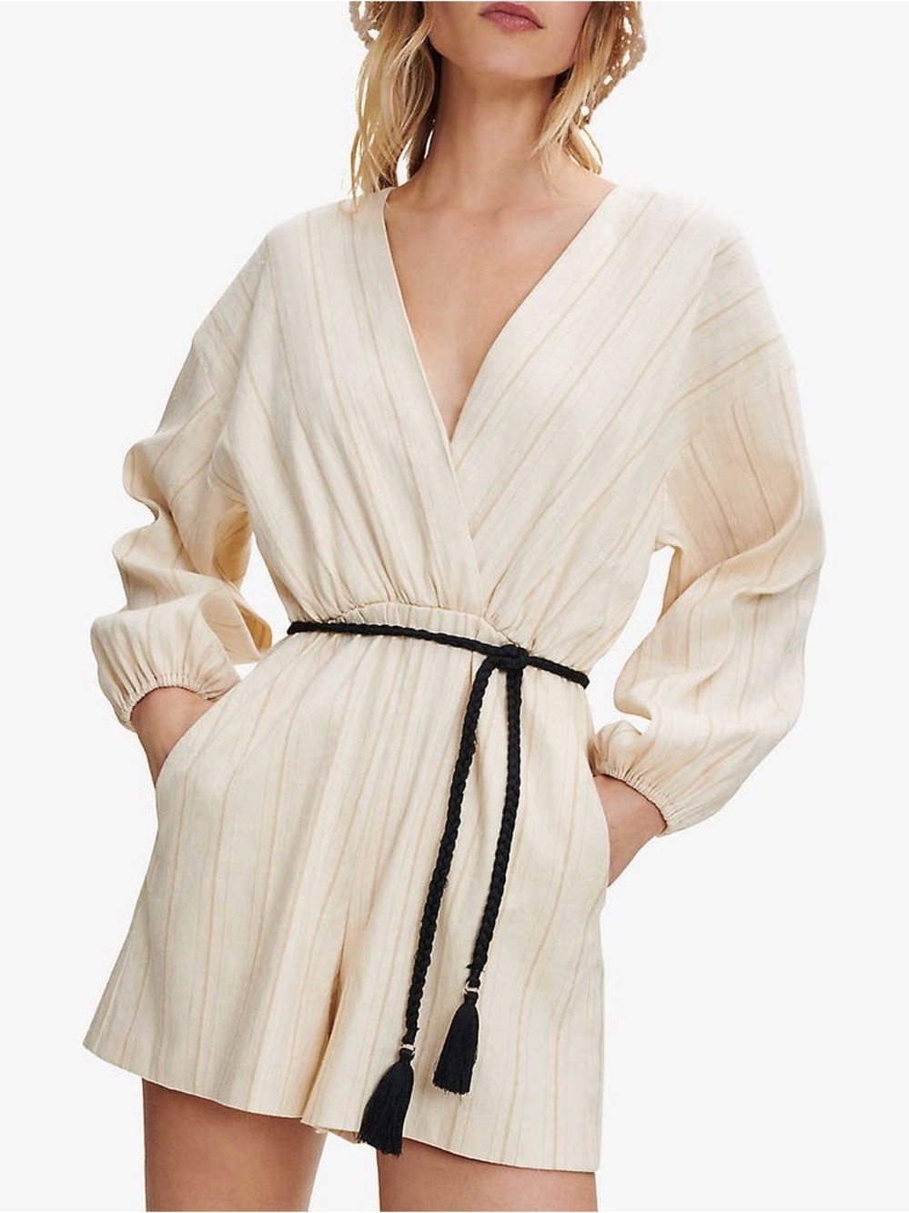 Maje Cream V-Neck Long Sleeve Romper-Jumpsuit with Black Tassel Belt
